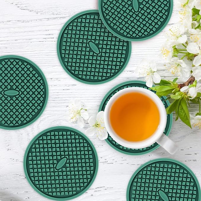 ME.FAN Silicone Coasters [6 Pack] Thickened Drink Coasters with Holder - Cup Mat - Non-Slip, Non-stick, Stay Put, Deep Tray - Prevents Furniture and Tabletop Damages(Teal Blue)