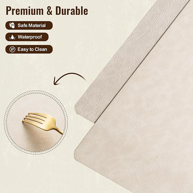 DOLOPL Placemats Set of 8 Reversible Dual-Color Table Placemats –Heat Resistant Wipeable & Washable Place Mats, Luxury Faux Leather Table Mats for Vintage Dining Table Decor (Beige&Light Grey)