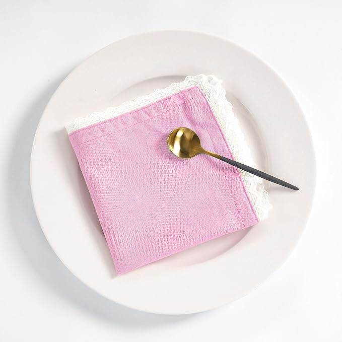 Fingercraft Dinner Cloth Napkin Cotton Linen Blend 12 Pack 12In Mitered Corners with Elegant Lace for Everyday Use Napkins Cloth are Pre Shrunk and Good Absorbency Pastel Rose