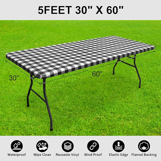 Smiry Rectangle Picnic Table Cloth, Elastic Waterproof Fitted Vinyl Tablecloths, Flannel Backed Buffalo Plaid Table Covers for Dining, Camping, Outdoor (Black and White, 30" x 60")