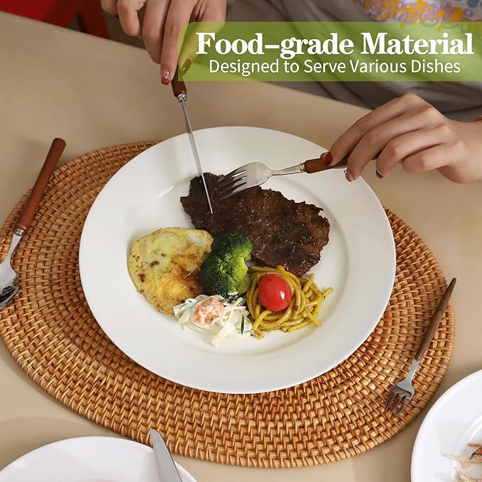 TAMAYKIM 10.5 Inch Porcelain Salad Dinner Plates 8 Pieces, Wide Rim Round Pasta Plates, Large Serving Dinnerware Sets, Scratch Resistant, Microwave, Oven, and Dishwasher Safe, White