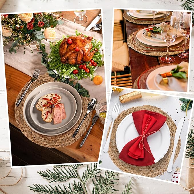 GENMOUS Woven Placemats Set of 10, 13" Round Placemats Natural Water Hyacinth Boho Placemats,Farmhouse Rattan Chargers for Dinner Plates,Rustic Braided Wicker Table Mats for Thanksgiving,Home,Wedding