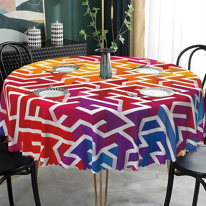 Laeacco 60 Inch Maze Round Tablecloth Colorful Labyrinth Texture Modern Geometric Abstract Art Print Table Cloth Washable Waterproof Wrinkle Free Table Cover for Kitchen Dining Picnic Party Decor