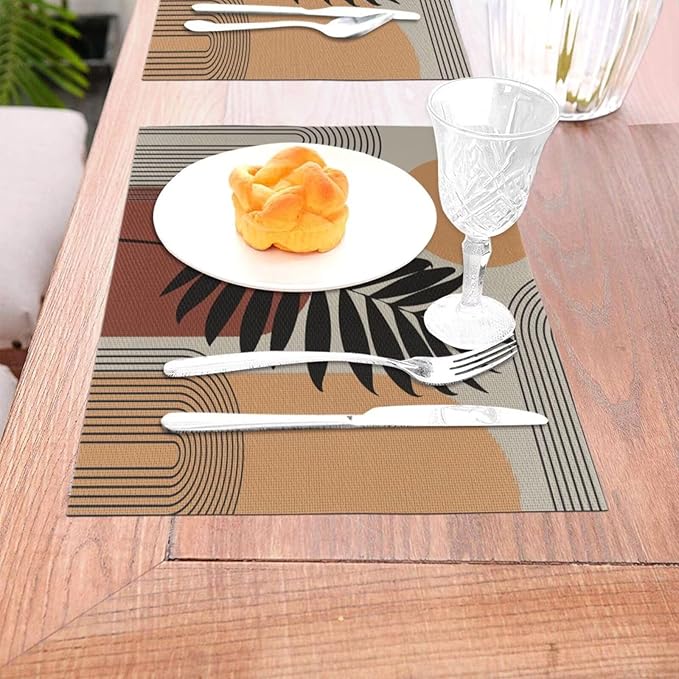 Art Boho Mid Century Placemats, Sun Brown Leaves Rainbow Color Blocks Modern Washable Place Mats 12x18Inch for Dining Kitchen Farmhouse Decor 4 PCS