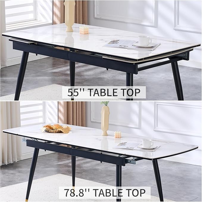 Extendable Dining Table Set for 8, 55'' to 78.8'' Rectangular Thickened Sintered Stone Kitchen Table with 8 Upholstered Chairs, Modern Space Saving 9-Piece Dinner Table Set
