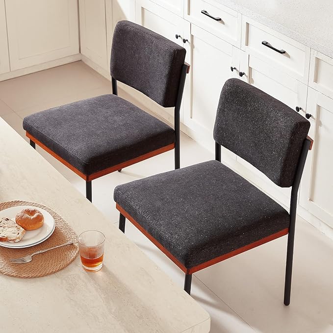 Black Modern Dining Chairs Set of 2, Kitchen Chairs with Thick Cushions and Adjustable Foot Pads, Upholstered Fabric Dining Room Chairs with Sturdy Metal Legs