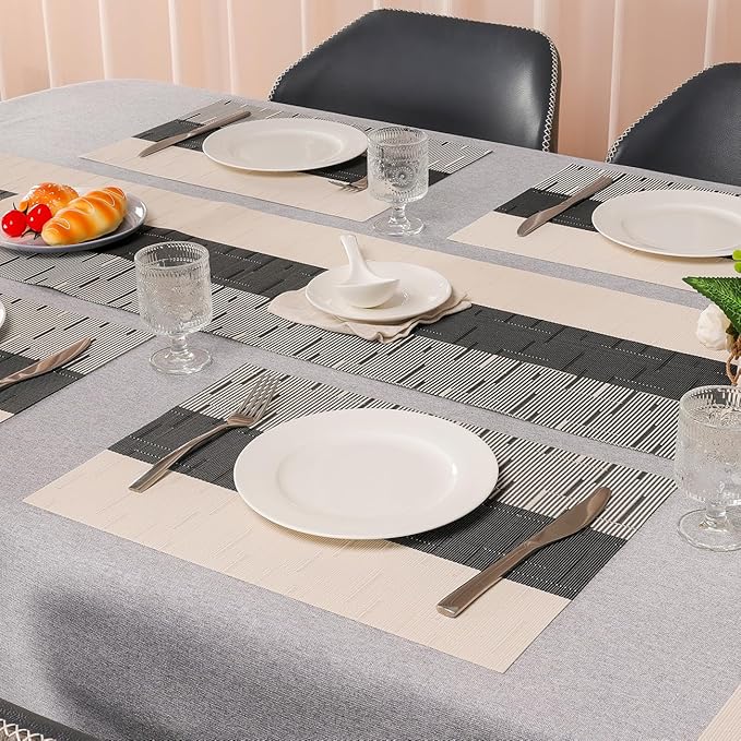 Placemats Set of 8, Vinyl Woven Place Mats Indoor Set of 8 Washable Wipeable PVC Table Mats Heat-Resistant Non Slip Plastic Placemat for Kitchen Dining Outdoor Table (Beige Black, Set of 8)