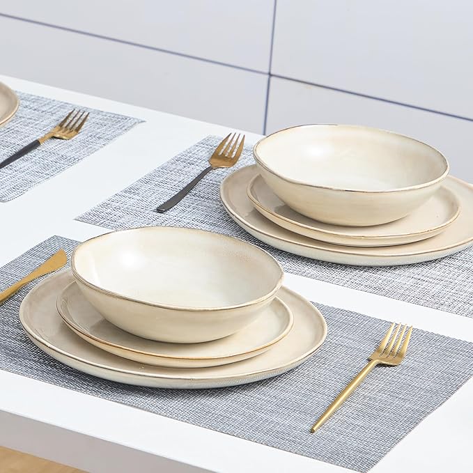 Bestone 12 Piece Round Kitchen Dinnerware Sets，Plates and Bowls sets,Dishes, Plates, Bowls, Dish Set, Chip Resistant Ceramic Dinnerware Set, Dishwasher/Microwave Safe,Service for 4,Brown
