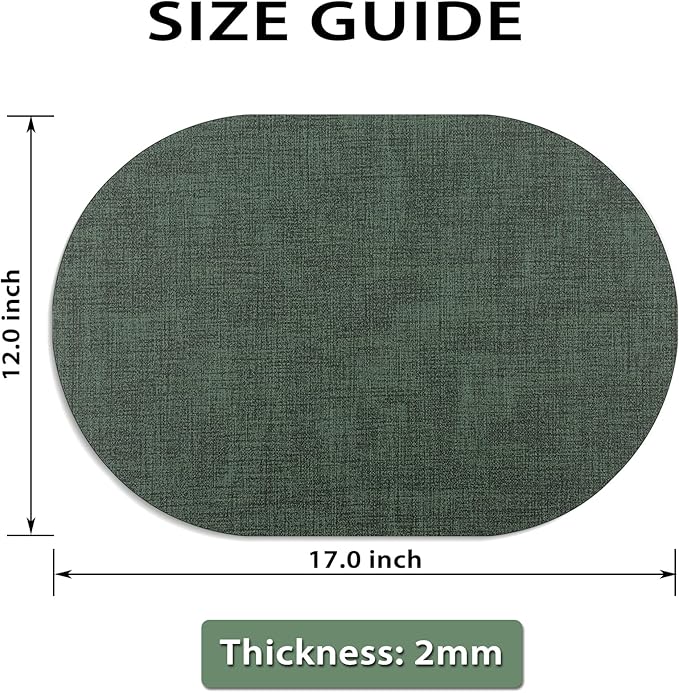 Placemats Set of 8 - Washable Heat Resistant Table Placemats - Wipeable Faux Leather Oval Place Mats, Waterproof Table Mats for Dining Table, Green