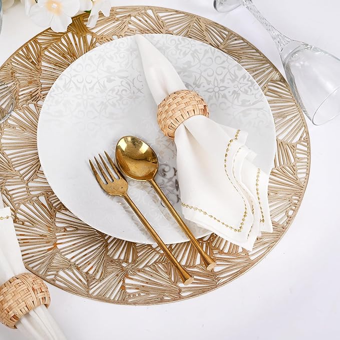 ALPHA Living HOME Farmhouse Napkin Rings - Rustic Natural Cane & Jute Serviette Holders for Elegant Table Decor, Weddings, Thanksgiving, and Everyday Dining- Set of 12 (Natural)
