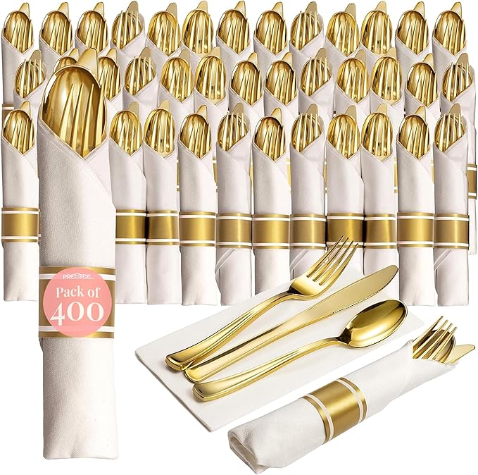Prestee 400 Pieces Gold Silverware Set for 100 Guests - Premium Pre Rolled Disposable Plastic Silverware Set with Napkins - Wrapped Utensils with Forks, Knives, Spoons, Napkins for Weddings and Events