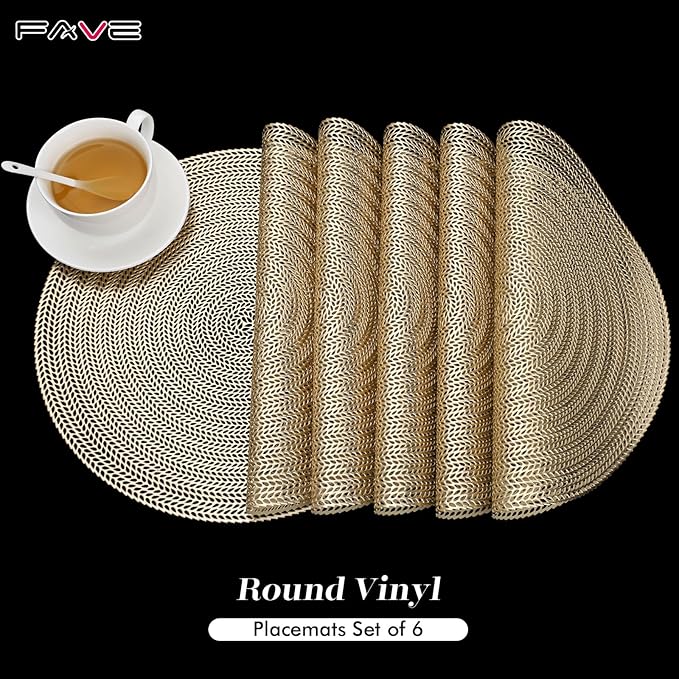 FAVE 8PCS Gold Vinyl Round Placemats, Wheat Sheaf Design 15 Inch Placemats Set of 8 Washable for Dining, Events, Banquet, Home & Daily Use (Gold Wheat,8pcs)