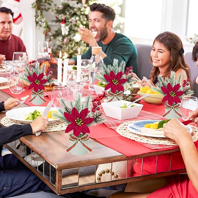 4 Pack Poinsettias Artificial Christmas Flowers, Tabletop Small Christmas Potted Flowers with Berries Pinecones Mini Christmas Tree for Table Centerpiece Home Office Garden Party Decor