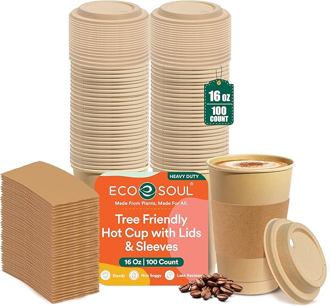 ECO SOUL 100 Pack 16 oz Disposable Coffee Cups with Lids & Sleeves Eco-Friendly, Biodegradable, Compostable, Leak-free & Sturdy To Go Hot Drink Cup for Tea, Chocolate Party Travel Cafe Office & Home