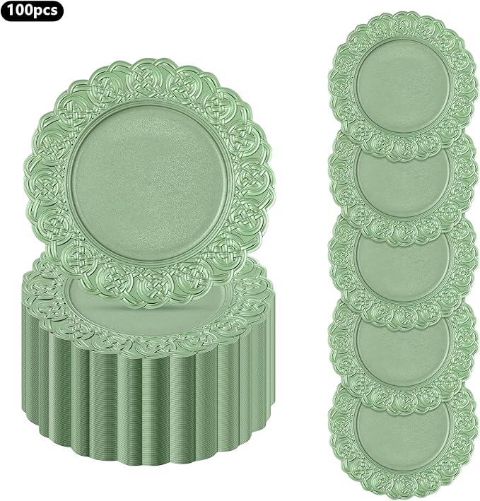 Charger Plates, 100pcs Green 13inch Plastic Dinner Plate, Round Plastic Dinner Plate with Delicate Texture for Parties Wedding (Green)