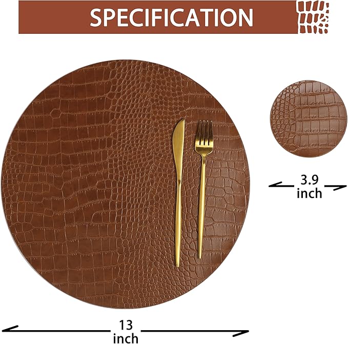 Round Leather Placemats for Round Tables Set of 6, Brown Table Place Mats and Coasters, Washable Easy to Care for Indoor Decor 13" Diameter