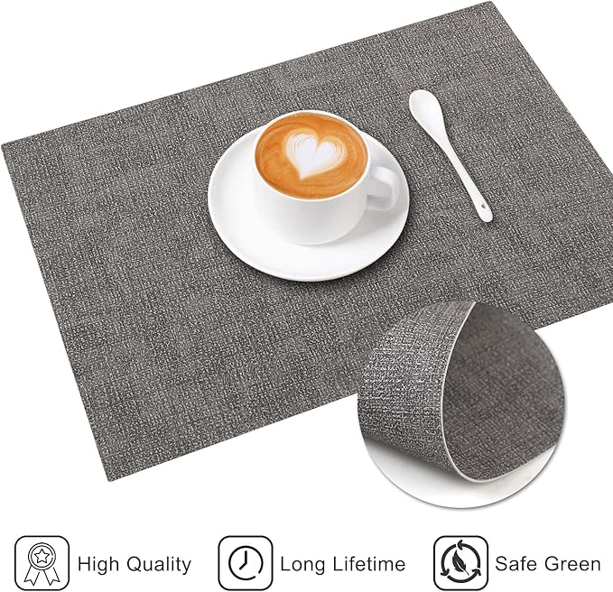 Leather Heat Resistant Placemats Set of 6 Waterproof Wipeable Washable PU Table Mats,Easy to Clean Anti-Slip Place Mats (Smokey Grey, 6)