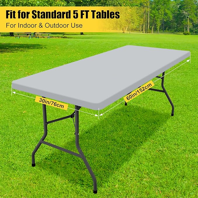 Smiry Rectangle Tablecloth, Elastic Fitted Flannel Backed Vinyl Tablecloths for 5ft Folding Tables, Waterproof Wipeable Table Covers for Indoor, Outdoor, Picnic and Camping (Light Grey, 30"x60")