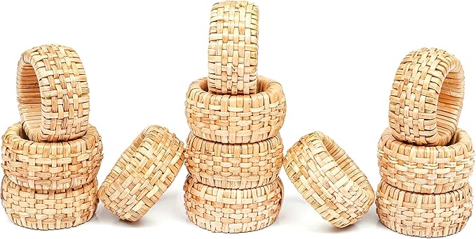 Rattan Napkin Rings Set of 12 - Fancy Elegant Beautiful Decorative Napkin Holder for Dining Table Décor, Easter, Farmhouse, Dinner, Wedding, Family Gathering, Thanksgiving & Everyday Use - Natural