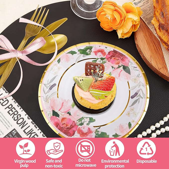 280PCS Floral Paper Plates and Napkins Party Supplies for 35 Guests Disposable Tableware with Plates Napkins Cups Cutlery Straws for Bridal Shower Birthday Party