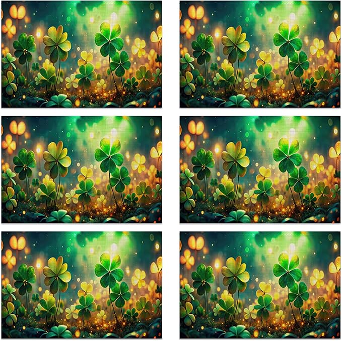 St Patrick's Day Green Grass Placemats Set of 6, Linen Washable for Christmas, Thanksgiving, Party, and Daily Dining, Decorative Table Mats for 4-6 Person Table