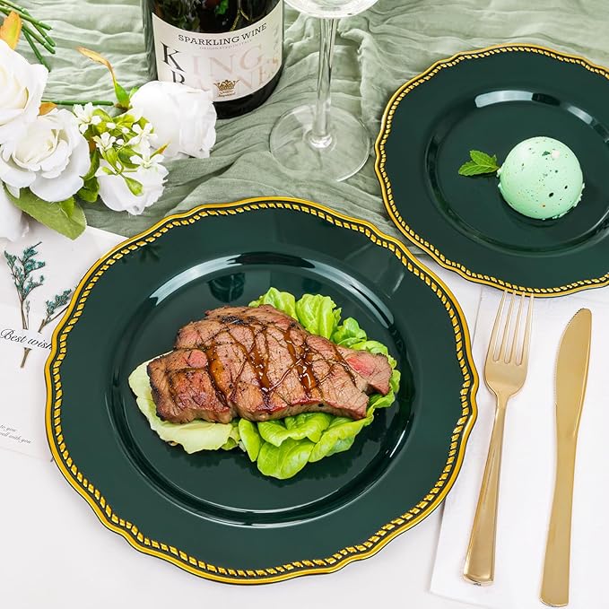 Hioasis 60pcs Green Plastic Plates - Green and Gold Disposable Dinnerware with Gold Rim, Heavy-duty, 7.5 inch, Dessert Plates for Party & St. Patrick's Day