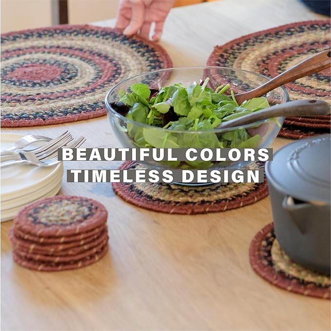 Homespice Highland Jute Braided Kitchen Trivets for Hot Dishes, Warm Country Decor, Set of 6, Multicolor 8" Round Heat Resistant Mat - Rich Colors, Easy to Clean, Durable and Protects Furniture