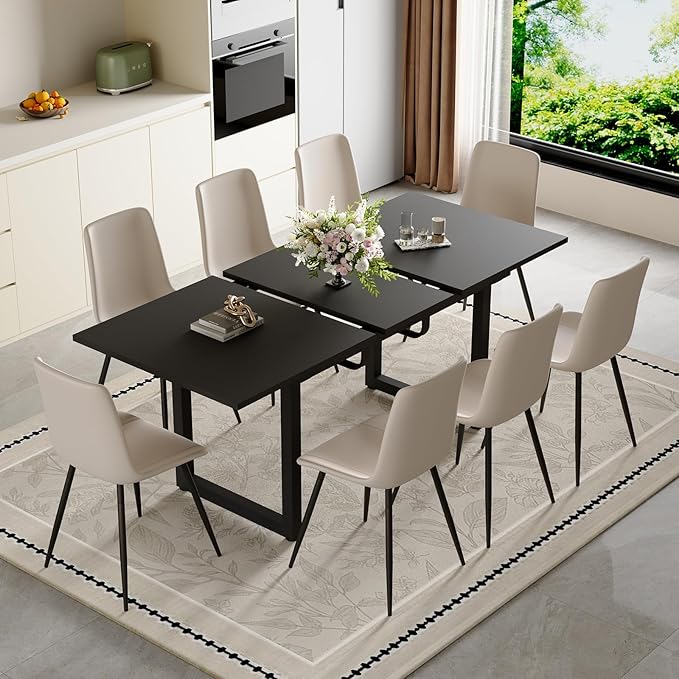 Extendable Dining Table Set for 8, 55"–71" Modern Black Kitchen Table with 8 Upholstered Chairs, Space-Saving for Living Room Apartment, Sturdy & Comfortable, Easy Assembly