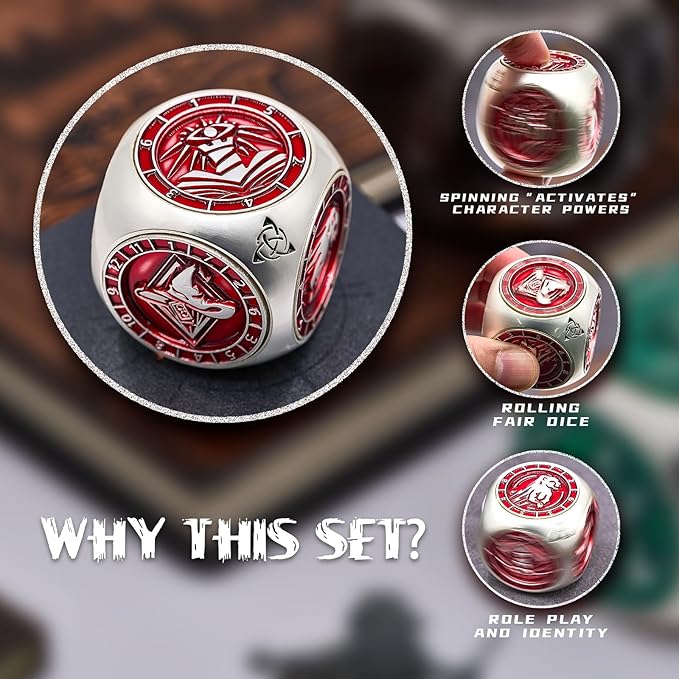 DND Spinner Dice,HNCCESG 7 in 1 Unique Metal Dice Set with Stat Engraving for Dungeons and Dragons Gifts, Polyhedral Role Playing Game Dice(Matte Red)