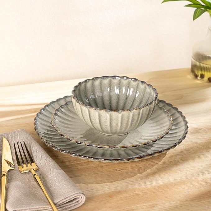 GBHOME Stoneware Dinnerware Sets for 4,Handcrafted Embossed Design Reactive Glaze Ceramic Plates and Bowls, Dishwasher and Microwave Safe, Service for 4(12pcs),Green Wheat