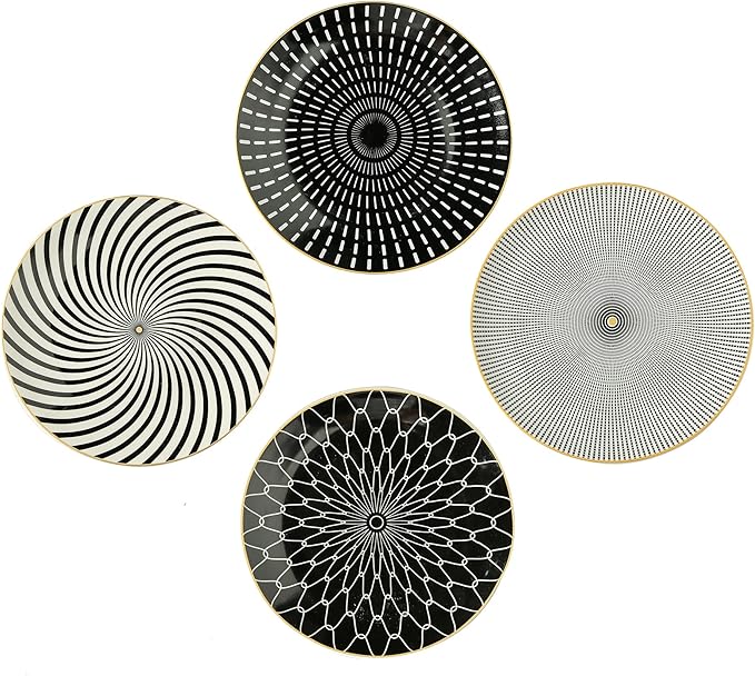 8 Inch Set of 4 Assorted Designs, Porcelain Plates With Patterns,Black Ceramic Dessert Plates, Dishware with Golden Rim for Sandwiches Salad Pasta, Microwave Oven Dishwasher Safe (A)