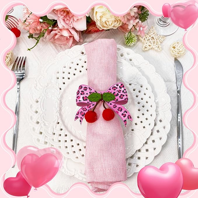 10 PCS Valentine's Day Napkin Rings Wood Pink Bow Napkin Rings Wedding Napkin Ring Holders Romantic Table Decor for Valentine's Day Anniversary Dinner Party