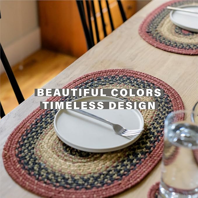 Homespice Highland Jute Braided Placemats, Warm Country and Lodge Decor, Set of 4, Multicolor 13x19 Oval Table Mats - Vibrant Colors, Durable, Easy to Clean and Protects Furniture