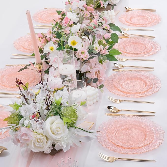 U-QE 60PCS Pink Plates for Party - Pink Valentines Plates Disposable Heavy Duty - Clear Pink Plastic Plates for Valentine's Day Including 30 Plastic Dinner Plates 10" & 30 Plastic Dessert Plates 7"