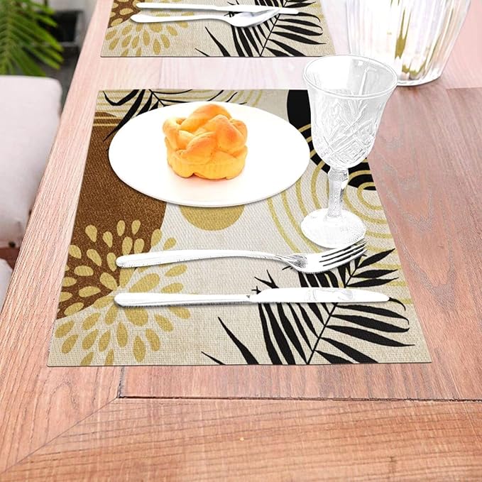 Boho Mid Century Placemats Abstract Golden Dots Leaves Modern Geometric Minimalist Aesthetic Washable Place Mats 12x18Inch for Dining Kitchen Farmhouse Decor 4 PCS