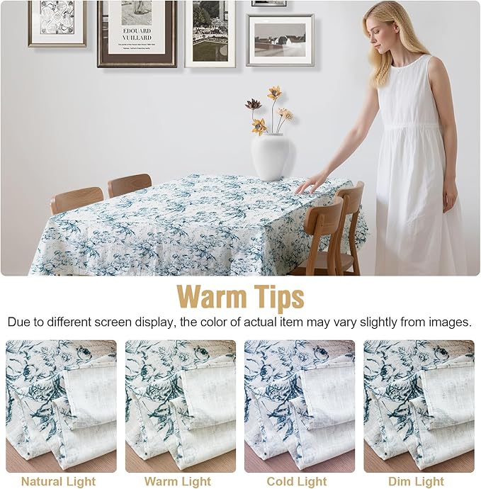 H.VERSAILTEX Linen Table Cloths Floral Printed Tablecloth Spill-Proof Waterproof Table Cover for Dining Buffet Feature Soft and Thick Fabric Wrinkle Free, 60 x 120 Inch, Vintage Botanical - Blue