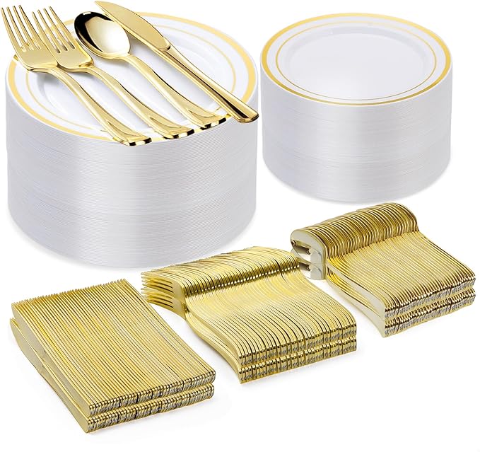 BESTVIP 300PCS Gold Plastic Plate Set (50 Guests), Plastic Plates for Party Wedding Birthday, Disposable Dinnerware Set of 100 Plates, 100 Forks, 50 Spoons, 50 Knives for Christmas