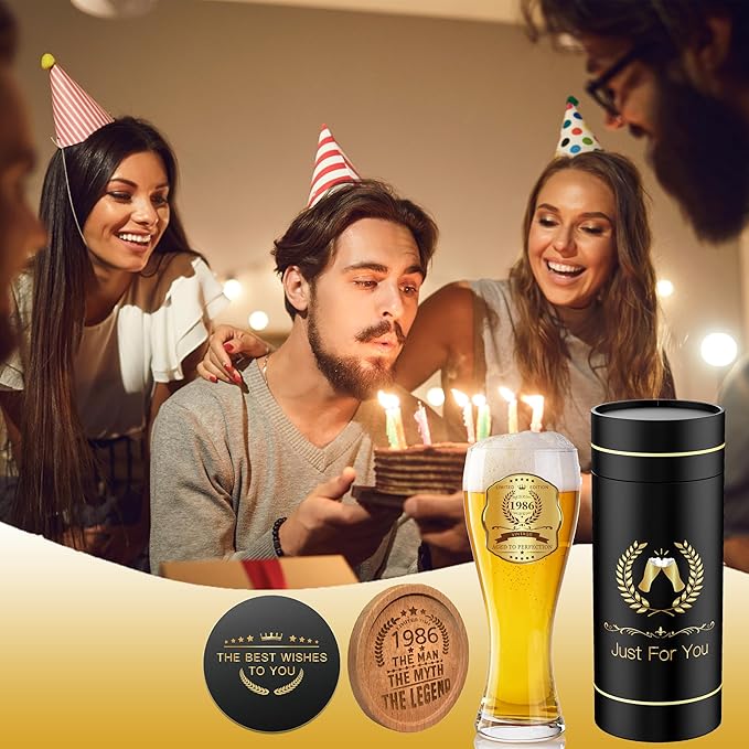 40th Birthday Beer Glasses Gifts, Personalized '1986' Vintage Glass Ware Set for Men, Black Gift Package with Drinking Glass, Coaster, and Card for 40 Years Old Man