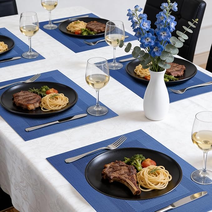 Timeet Blue Placemats Set of 8, Heat Resistant Non-Slip Place Mats, Durable Washable PVC Vinyl Woven Table Mats, Wipeable Placemats for Dining Table Easy to Clean
