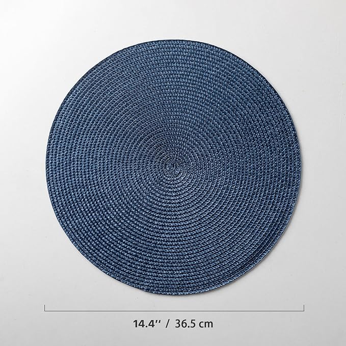 Round Placemats Set of 8 Plastic Woven Placemats Washable Wipeable Table Mats for Dining Table Heat Resistant Non-Slip Circle Place Mats (Navy Blue)