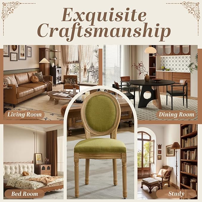 SoarFlash French Dining Chairs Set of 2, Vantage Dining Chair with Round Back, Wood Leg Farmhouse Country Dining Chair for Kitchen,Bedroom,Olive Green