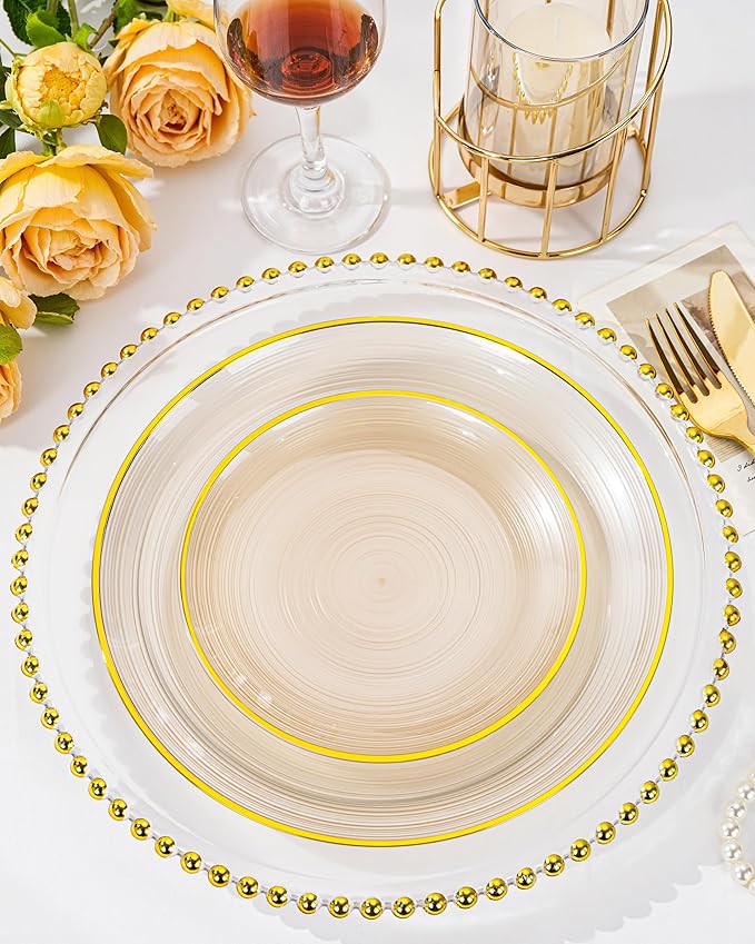 Morejoy 100Pcs Brown Plastic Plates, Clear Coffe Disposable Plates With Gold Rim,Heavy-Duty Brown Plates, Gold Dinnerware Set Include 50 Dessert-plates,50 Dinner-plates for Party & Christmas