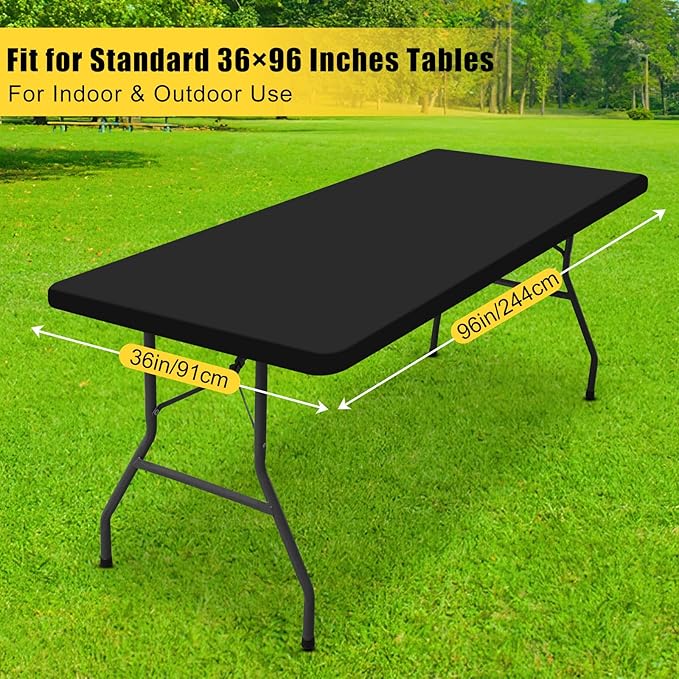 Smiry Rectangle Tablecloth, Elastic Fitted Flannel Backed Vinyl Tablecloths for 8ft Folding Tables, Waterproof Wipeable Table Covers for Indoor, Outdoor, Picnic and Camping (Black, 36"x96")