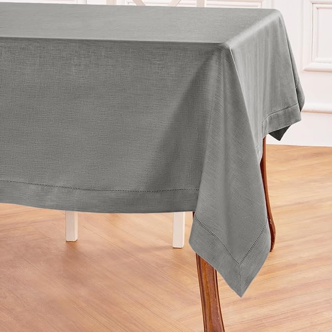 Solino Home Linen Tablecloth 60 x 120 Inch - Classic Hemstitch 100% Pure Linen Steel Gray Table Cloth for Rectangle Tables - Machine Washable Tablecloth for Spring