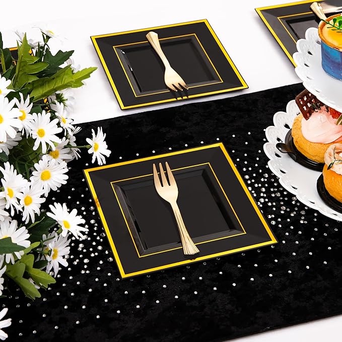 WDF 200PCS Black and Gold Plastic Dessert Plates with Plastic Forks -6’’ 100 Square Disposable Appetizer Plates Small Plate Cake Plate with Gold Rim for New Year