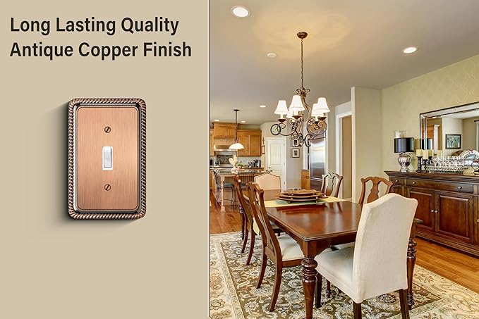 Henne Bery Rope Edge Decorative Wall Plate Switch Plate Outlet Cover (Single Toggle, 3 Pack, Antique Copper)