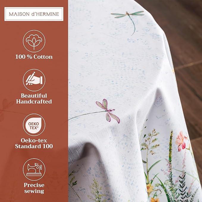 Maison d' Hermine Table Cloth Round Table 100% Cotton 69 Round Inches Tablecloth Reusable Decorative for Dining Room Farmhouse Home Valentines Day Decorations Spring Summer - Fleurs De Mai