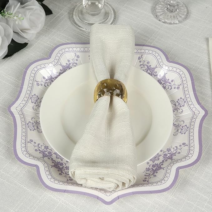 50 Pack 10" White Lavender Lilac French Toile Dinner Plates, Disposable Round Paper Party Plates 300 GSM for Festive Table Decoration