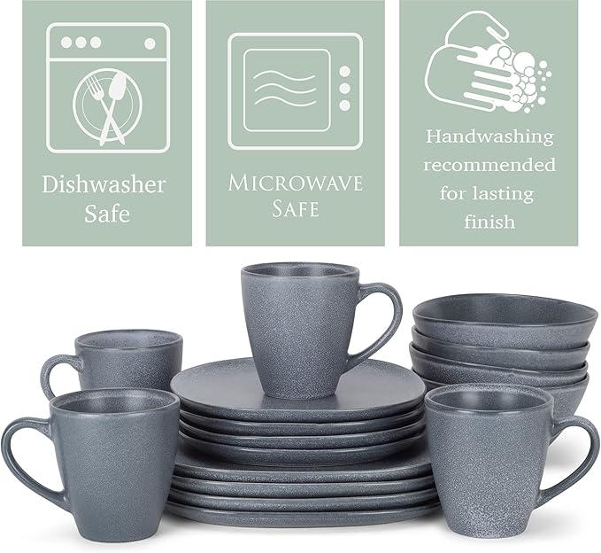 Elanze Designs 16-Piece Modern Luxury Chic Smooth Vintage Handmade Shape Matte Finish Ceramic Stoneware Square Plate Mug & Bowl Kitchen Dinnerware 16 Piece Set - Service for 4, Dove Grey