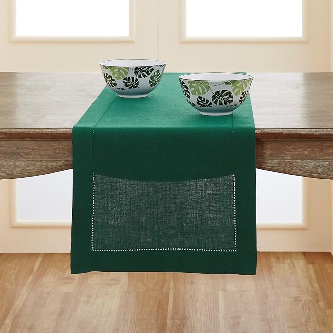 Solino Home Linen Rainforest Green Table Runner 72 Inches Long - 100% Pure Linen Hemstitch Table Runner 14 x 72 Inch for Dresser, Dining, St Patricks Day - Classic Hemstitch